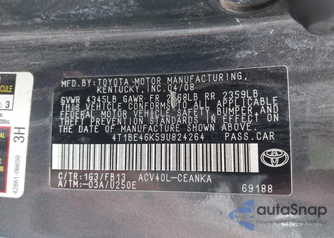 2009 Toyota Camry Le from USA, damaged, VIN 4T1BE46K59U824264